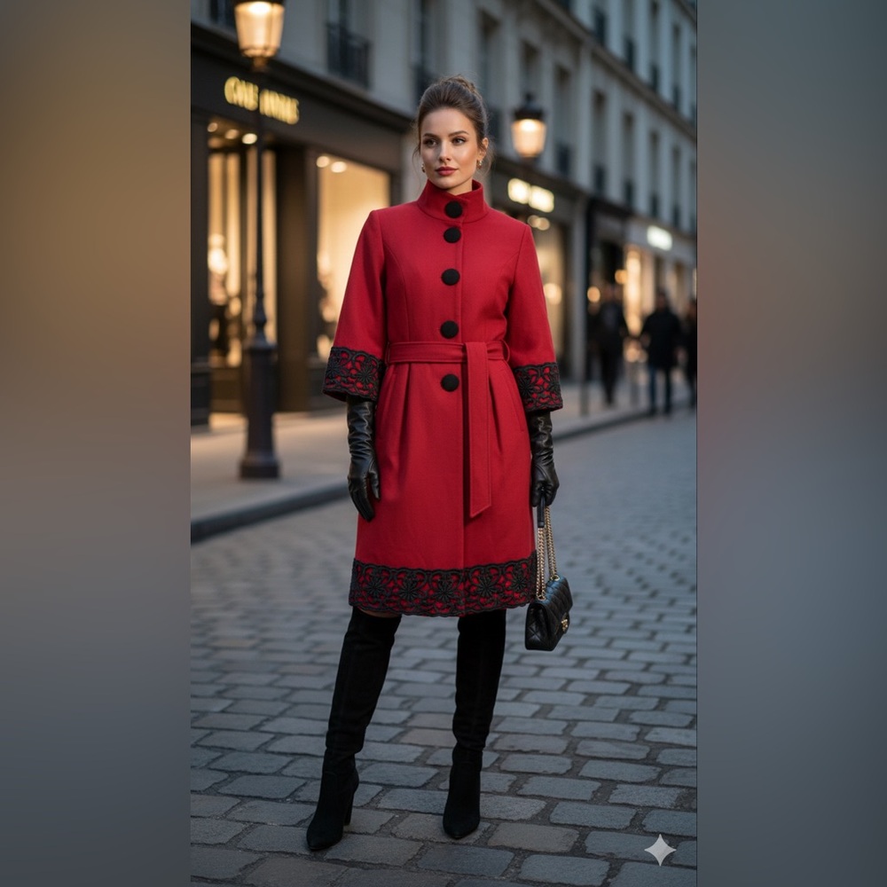 NISSA Elegant Red Designer Coat with Black Embroidery – Luxury European